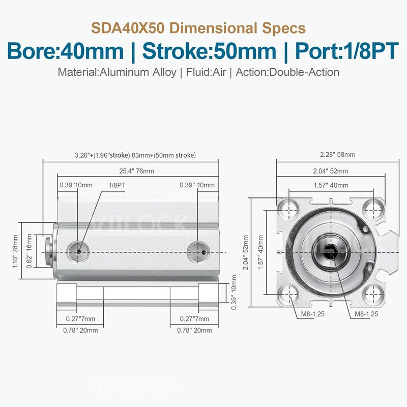 VIILOCK Pneumatic Air Cylinder 40mm Bore 50mm Stroke, Thin Air Cylinder Double Action Hydraulic Cylinders SDA 40 X 50 - Image 3